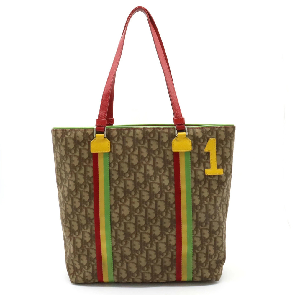 Christian Dior Trotter Rasta Tote Bag Canvas Beige Cream Red Yellow Green
